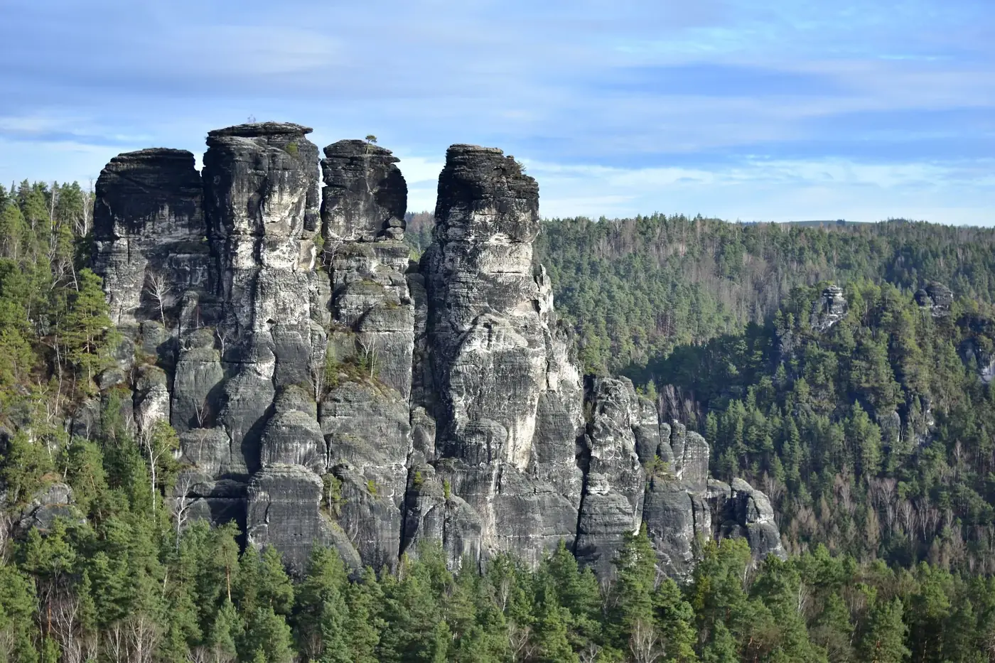 View of the majestic rocky cliffs surrounded by dense forest in Saxon Switzerland National Park.