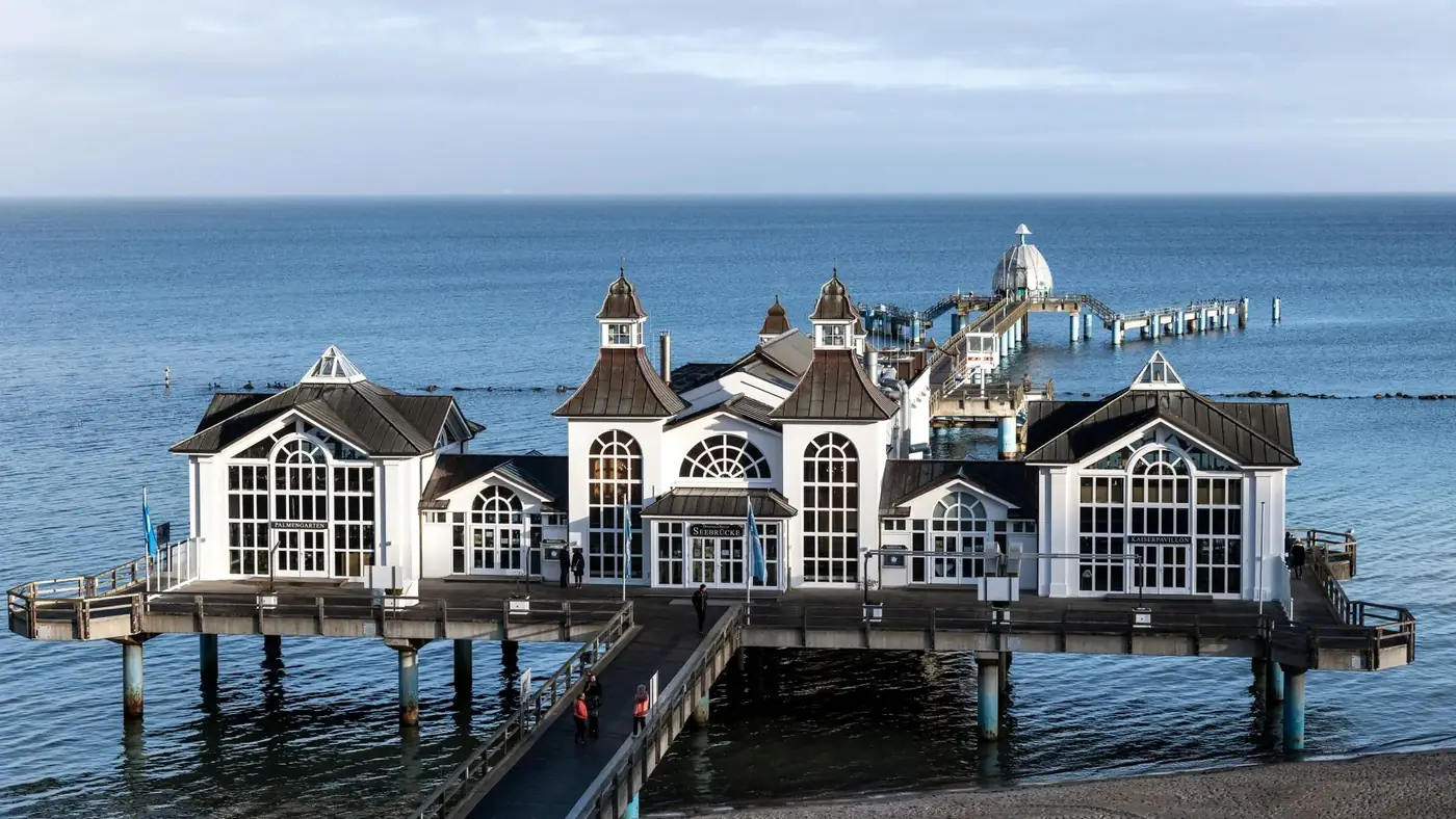 Iconic Sellin Pier extending into the Baltic Sea on Rügen Island in Germany.