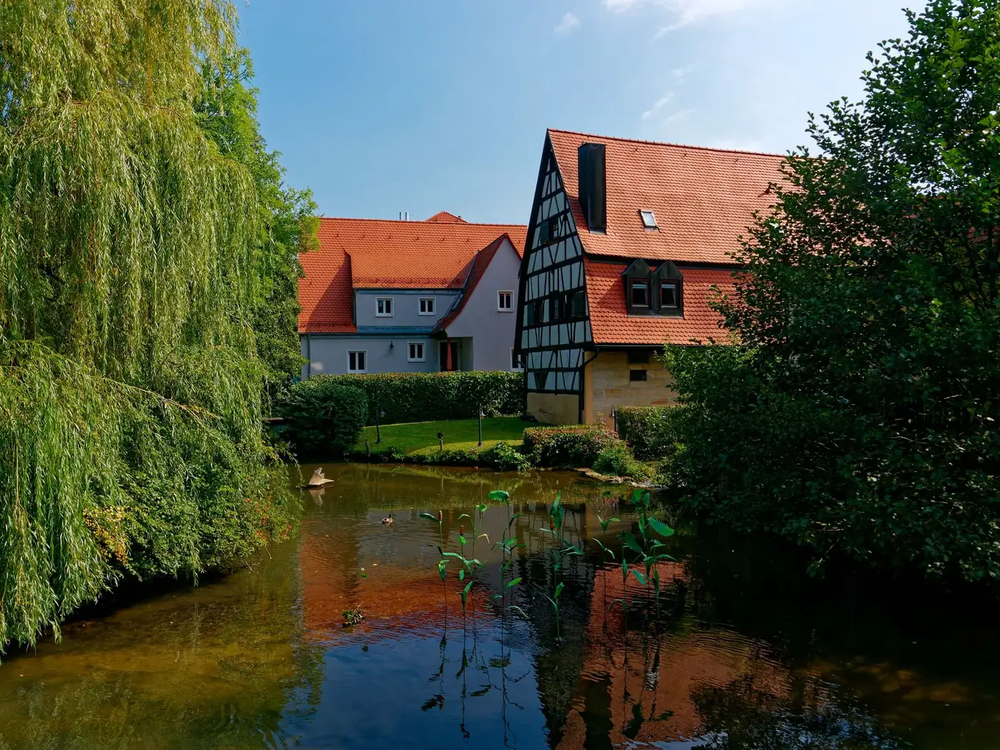 Idyllic scene of traditional timber-framed homes beside a serene pond in Hersbruck, Germany.