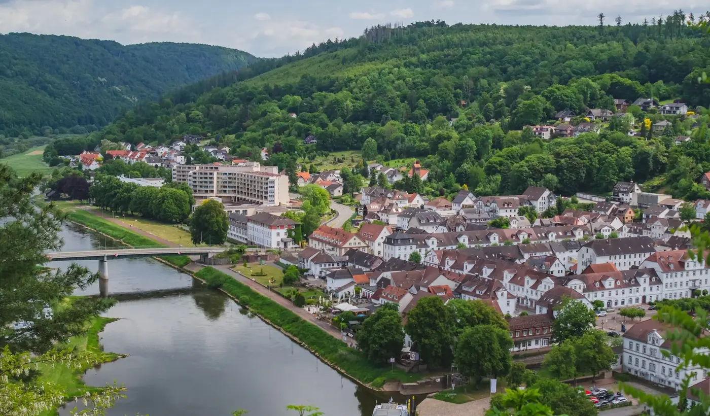 A scenic aerial view of Bad Ems town along the picturesque Lahn River in Germany.