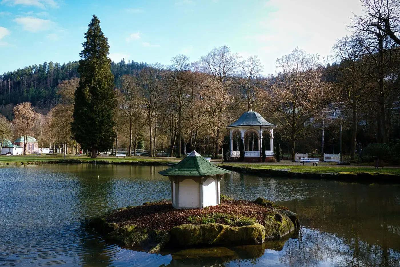 Charming scene of a gazebo by a pond amid trees in Bad Liebenzell, Germany.