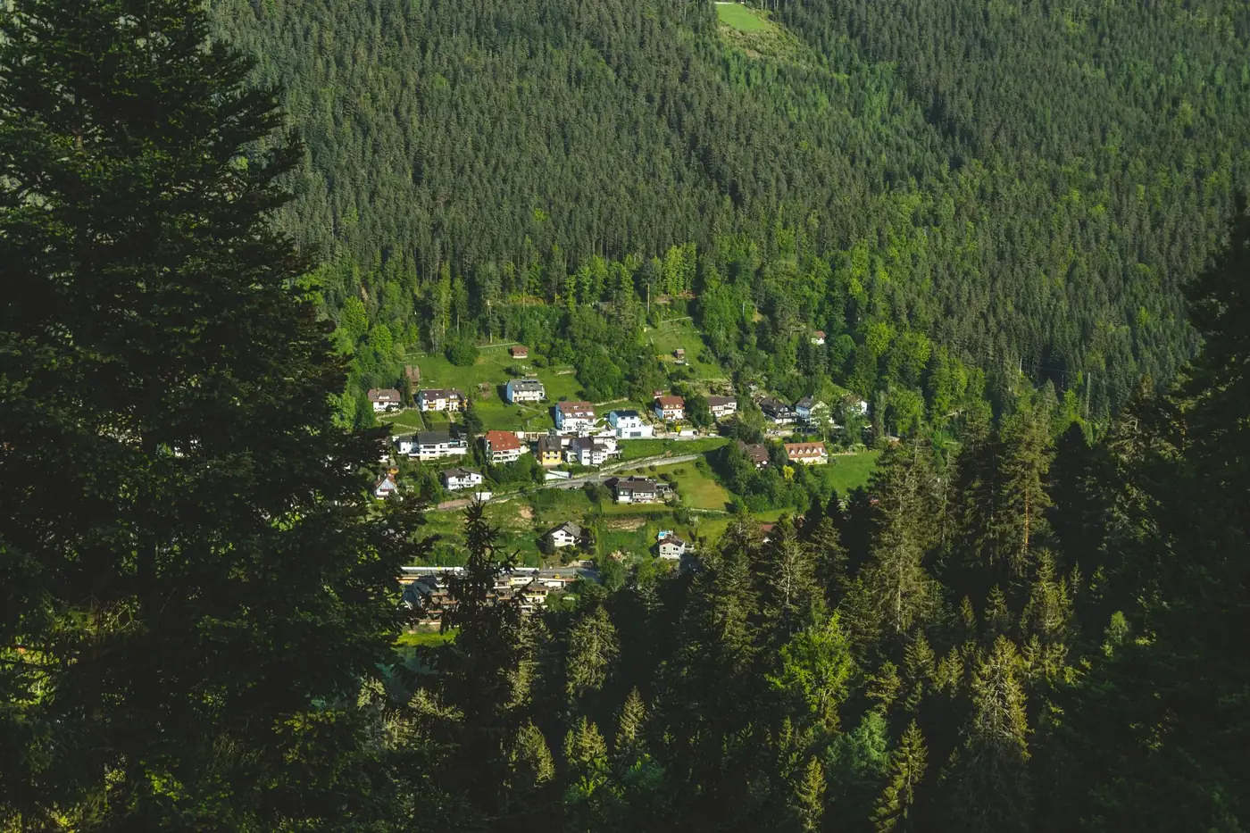 Aerial view of a picturesque town nestled in a lush, green forested valley in Bad Wildbad, Germany.