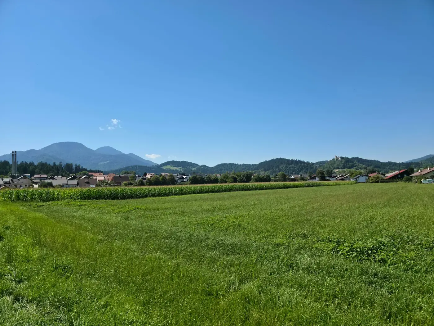 Wide grassy field with mountain backdrop under a bright blue sky in Slovenj Gradec.