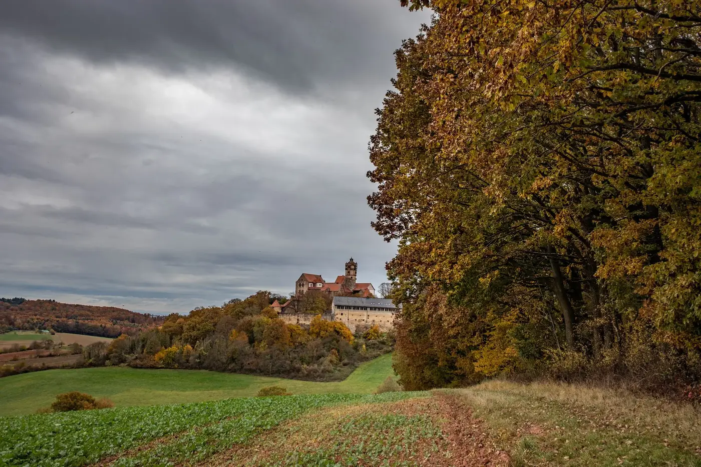 Ronneburg Castle amidst autumn foliage under a dramatic cloudy sky in Hessen, Germany.