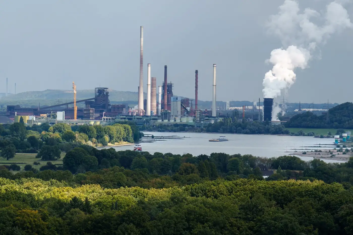 Scenic view of an industrial factory by the Rhine River in Duisburg, Germany.