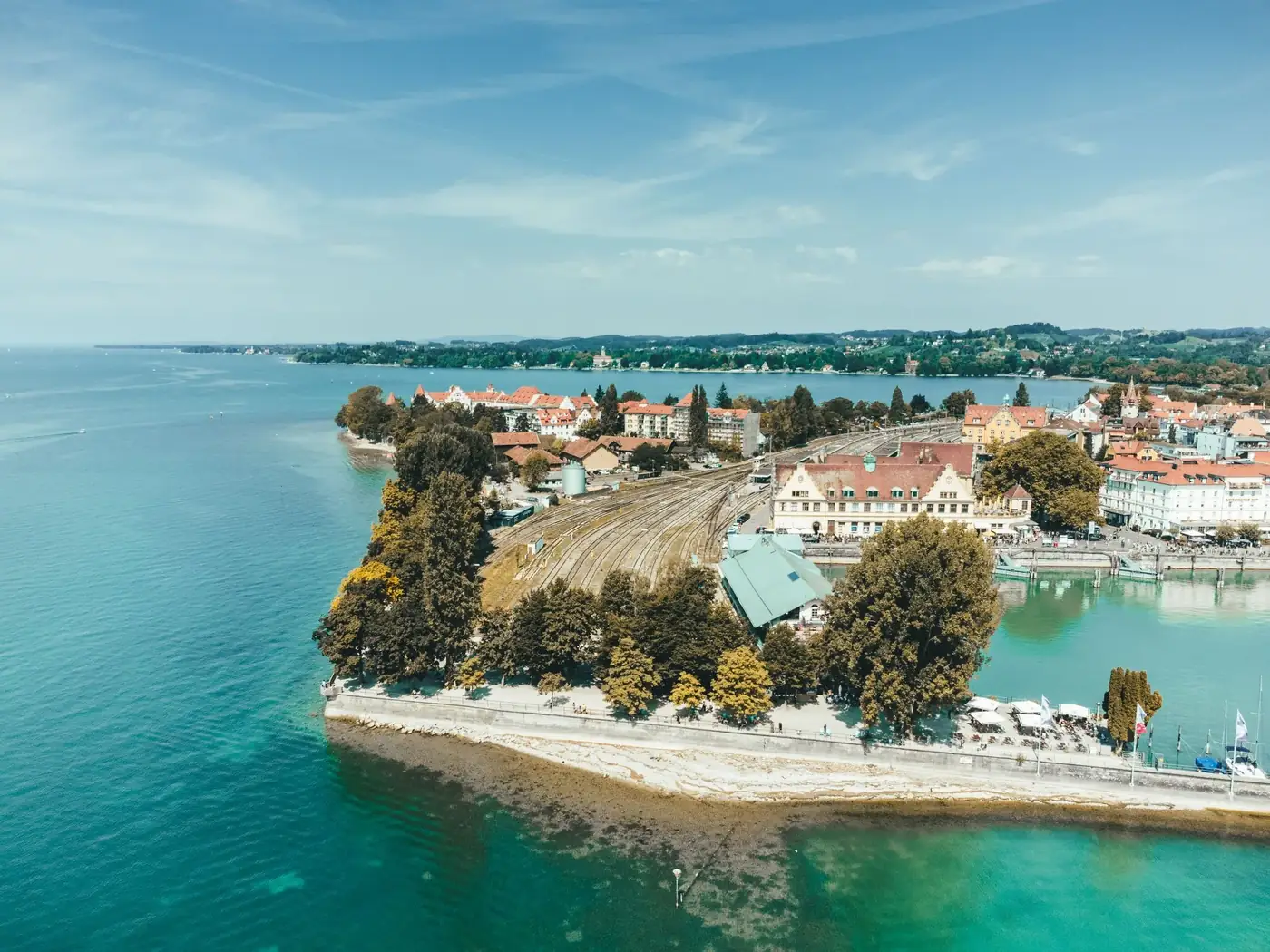 Stunning aerial shot of Lindau Island on Lake Constance, showcasing its natural beauty and historic architecture.