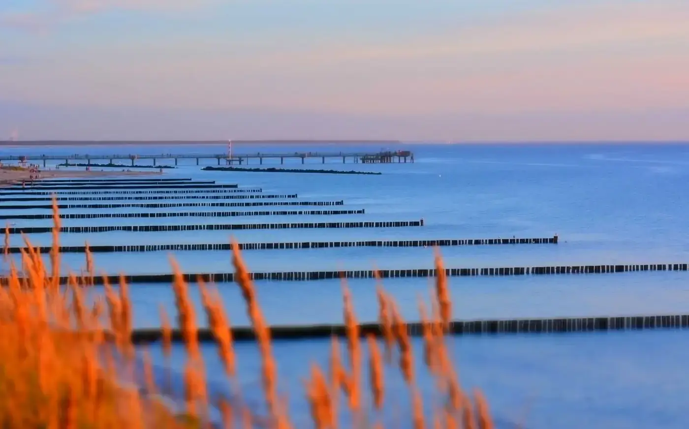 Tranquil view of breakwaters and sea at sunset with a warm glow.