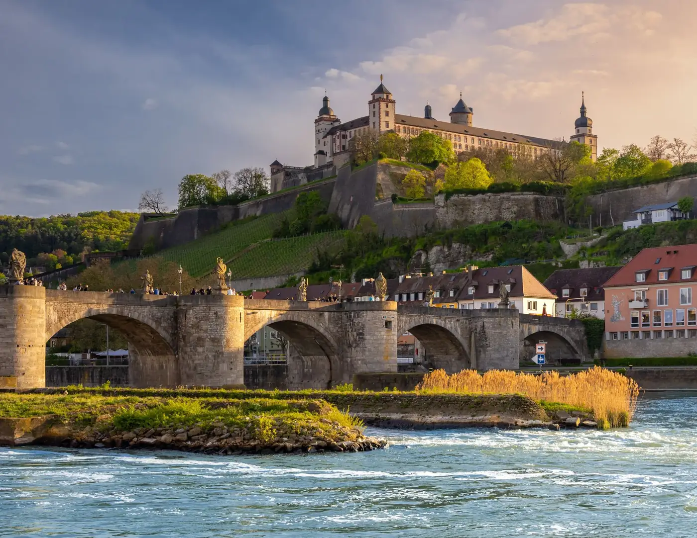 Scenic view of Marienberg Castle and Old Main Bridge over the river in Würzburg, Germany.