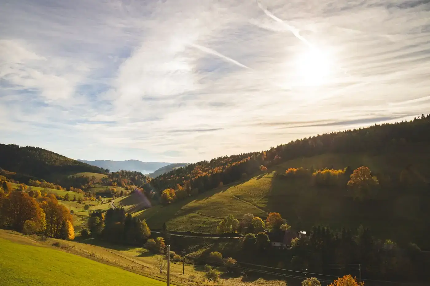 Beautiful autumn scenery in the Black Forest with sunny skies and colorful foliage.