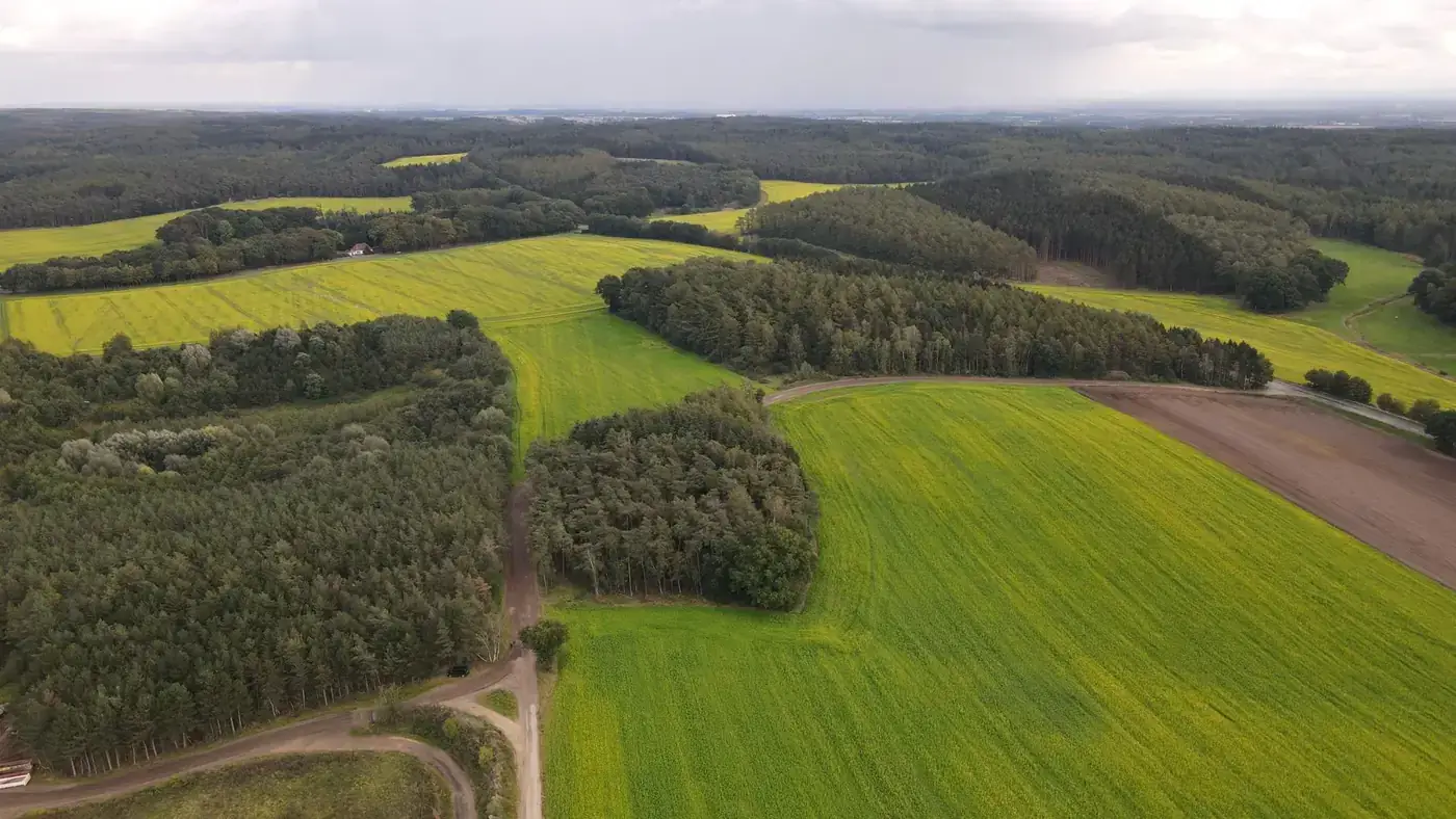 Scenic aerial photo of green agricultural fields in Holdorf, Germany; lush rural landscape.