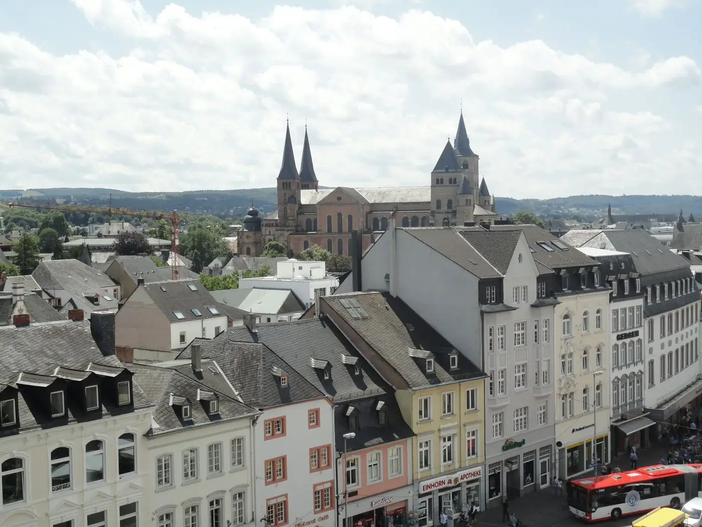 Aerial view of historic buildings and churches in Trier, Germany.