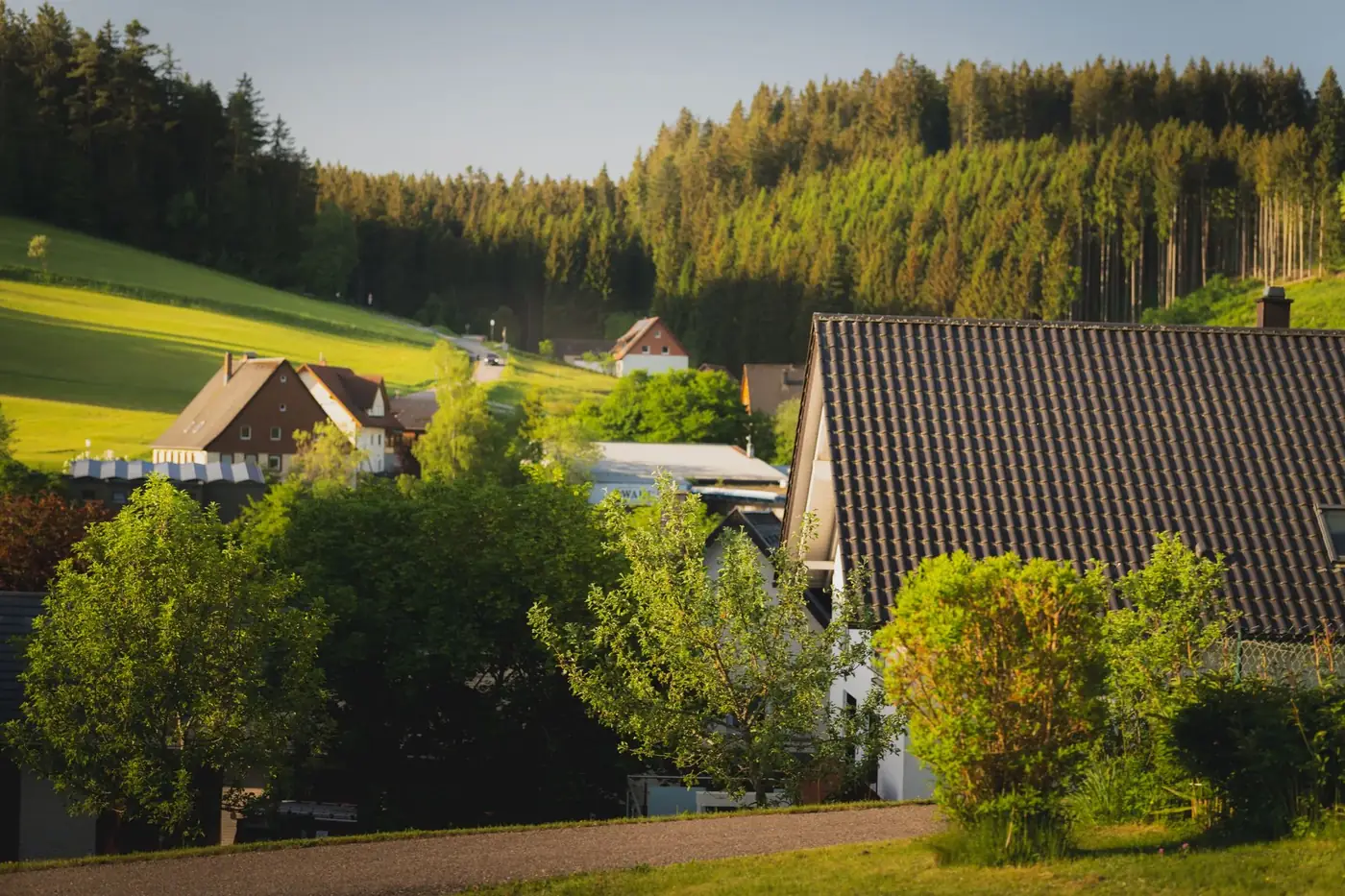 Beautiful summer landscape of Unterkirnach, Germany with lush greenery and forested backdrop.