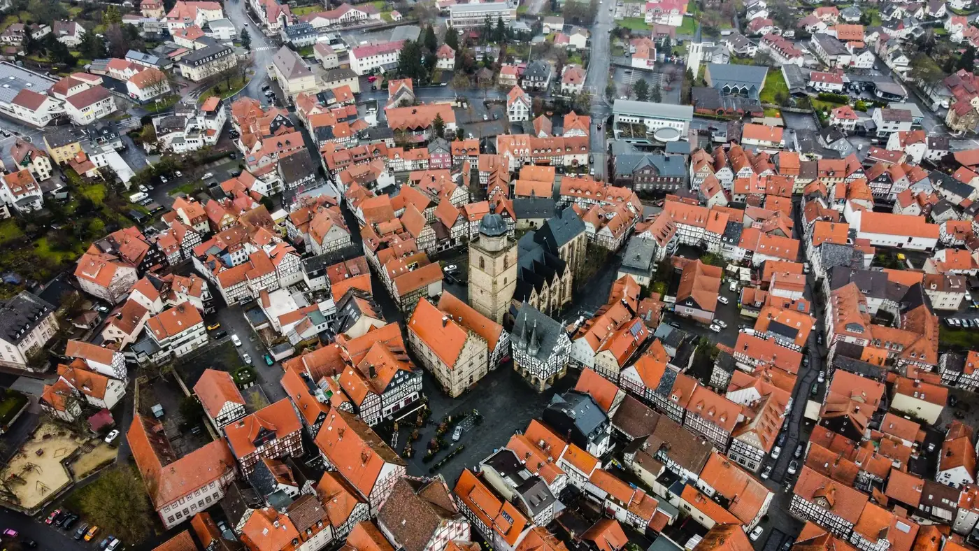 A stunning aerial view of the historic town center of Alsfeld, Germany, showcasing traditional architecture.