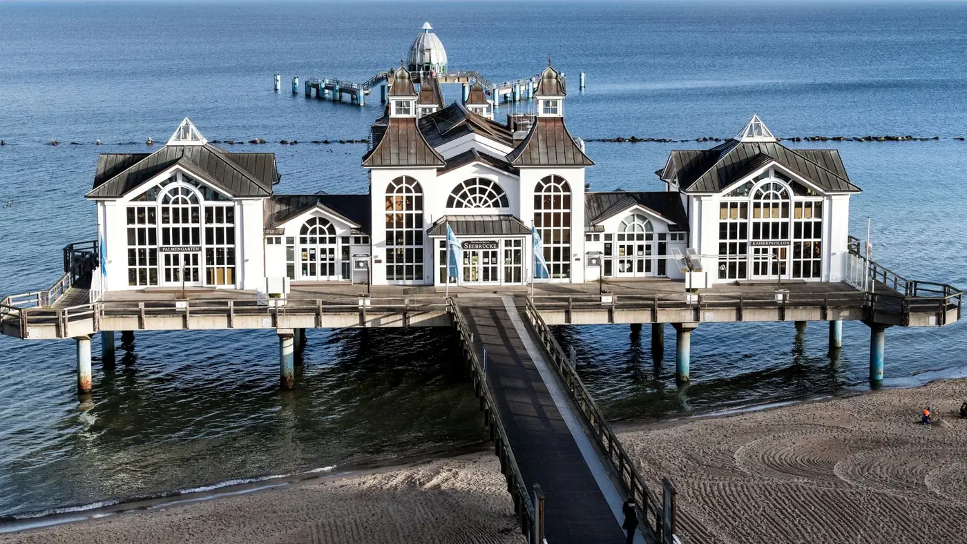 Beautiful Seebrücke Sellin Pier extending into the Baltic Sea in Mecklenburg-Vorpommern, Germany.