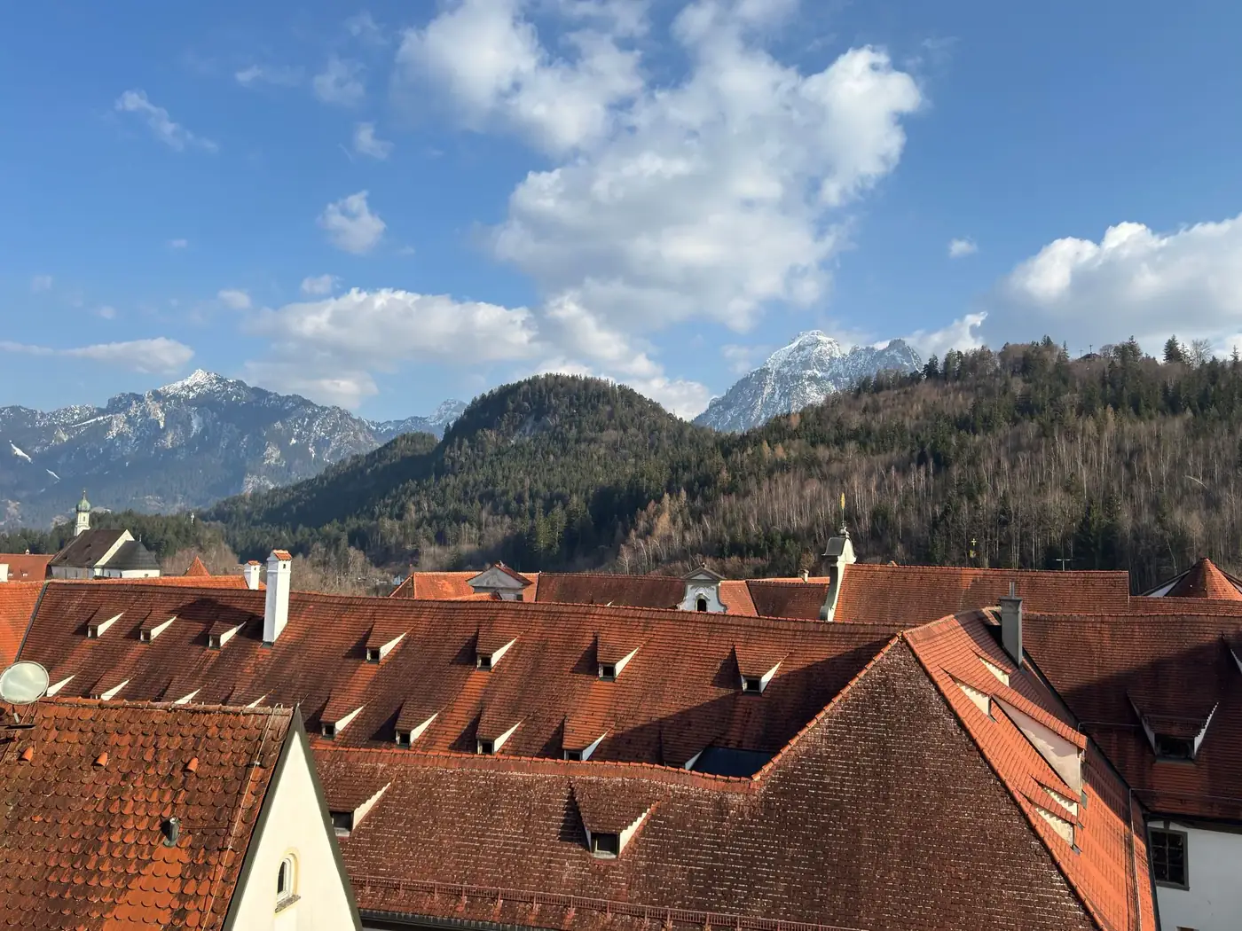 Stunning view of Bavarian rooftops with snow-capped Alps in the background under a bright sky.