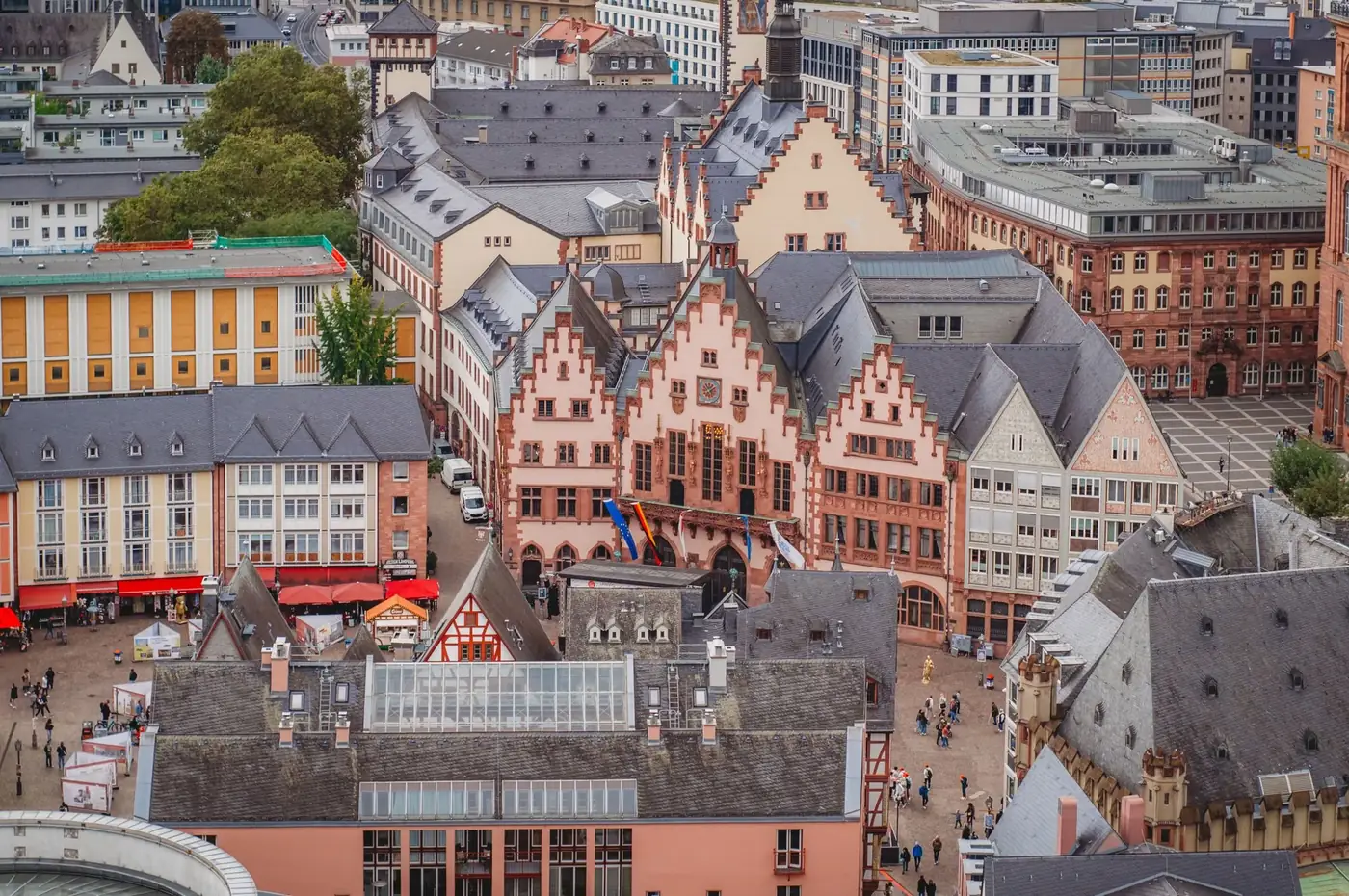 Aerial view showcasing the iconic Römer Square in Frankfurt with historic architecture.