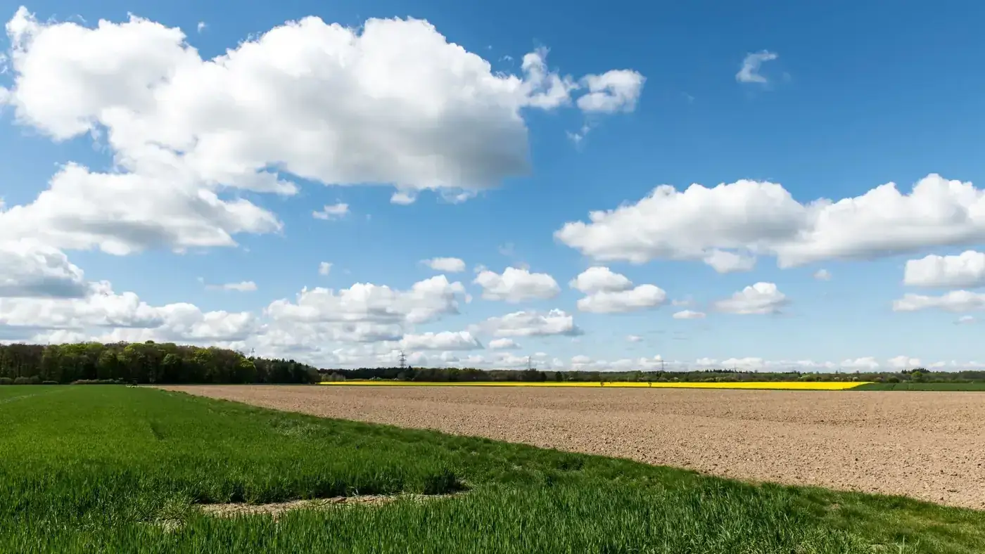 Idyllic spring scene of farmland with fields and clouds in Lauenburg, Germany.