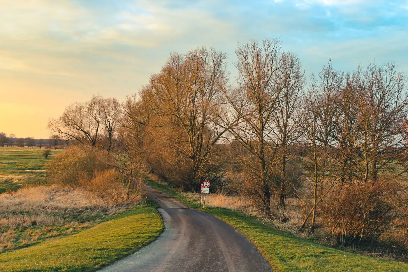 Beautiful autumn landscape of a rural road surrounded by fields and trees in Bleckede, Germany at sunset.