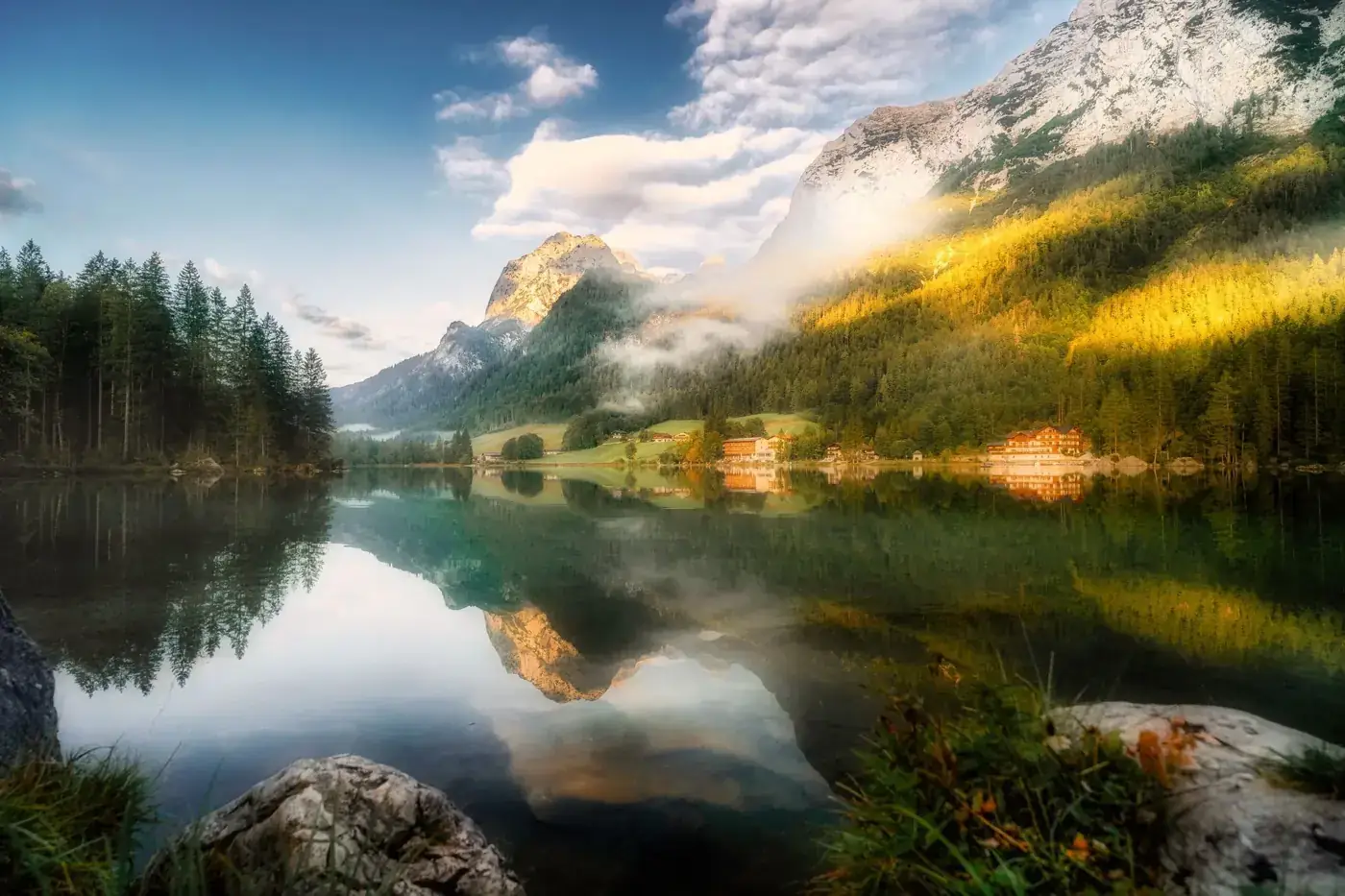 Beautiful mountain and lake reflection at Hintersee in Ramsau bei Berchtesgaden.