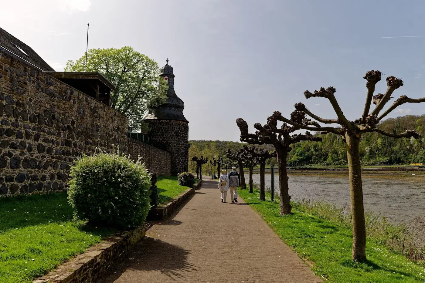 A peaceful stroll along the Rhine promenade in Unkel on a sunny day.
