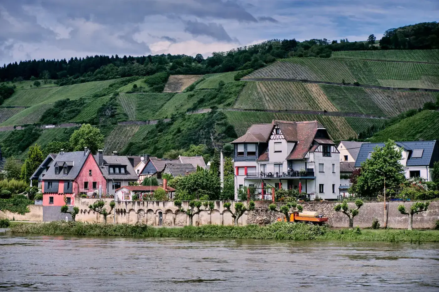 Scenic view of picturesque houses and vineyards along the Rhine River in Andernach, Germany.
