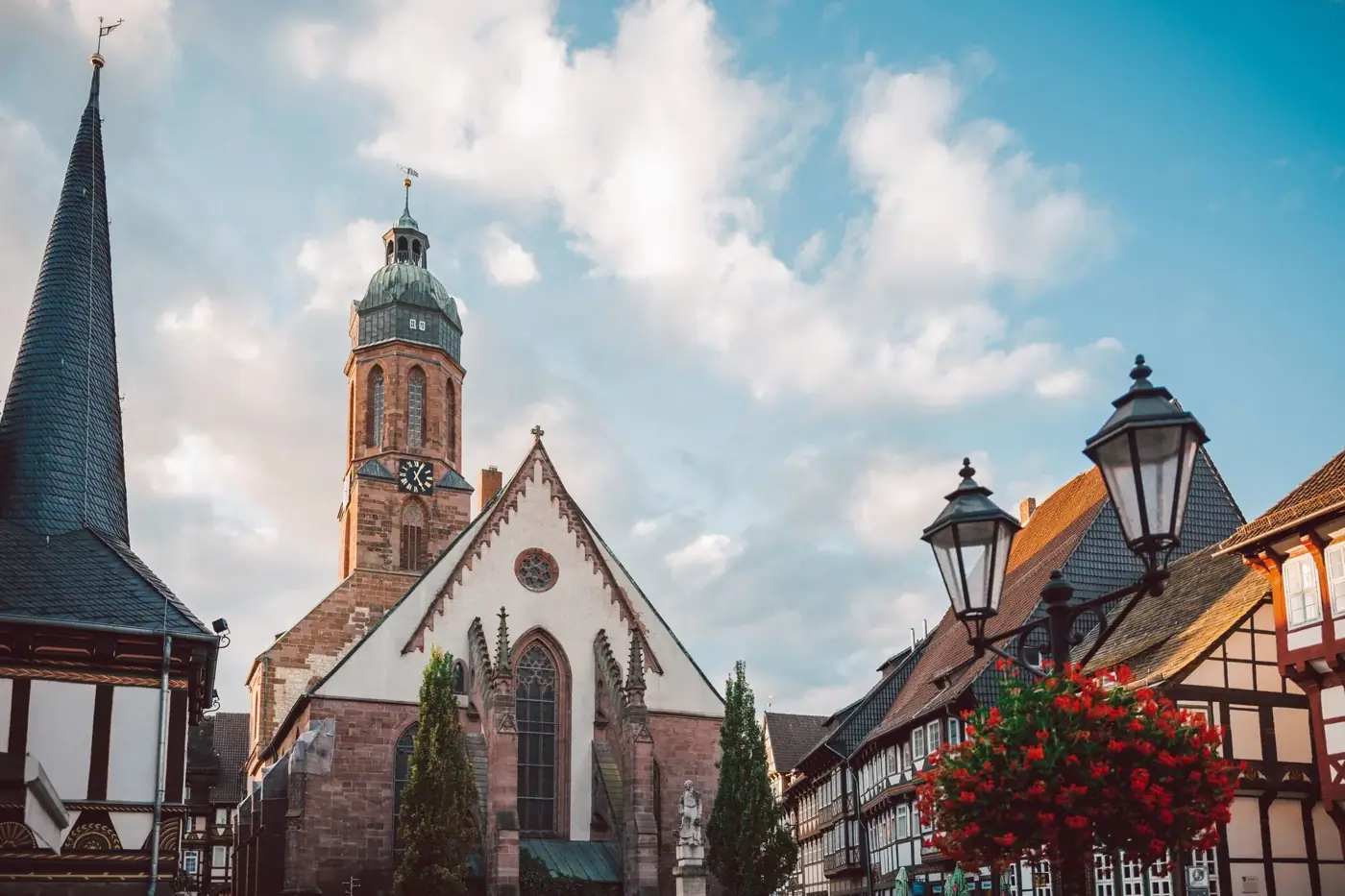 A picturesque view of historic buildings and church towers in Einbeck, Germany.
