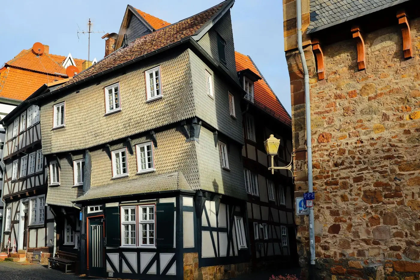 Charming view of historic half-timbered houses in Fritzlar, Hesse, Germany.