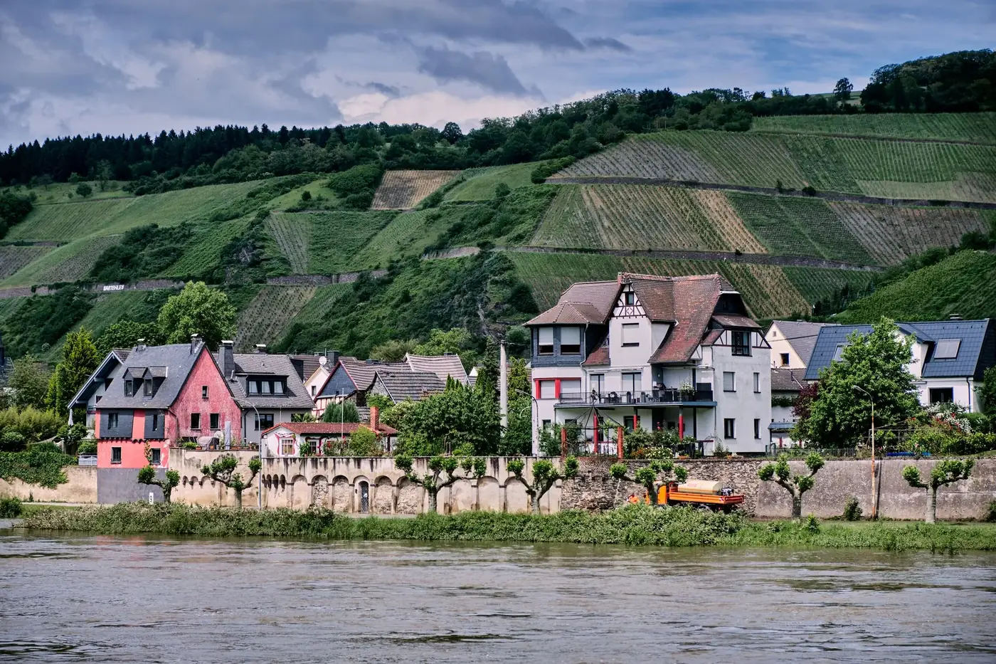 Scenic view of picturesque houses and vineyards along the Rhine River in Andernach, Germany.