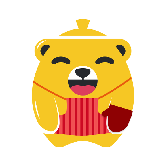 Bearpot draagt ​​een schort en een ovenwant.